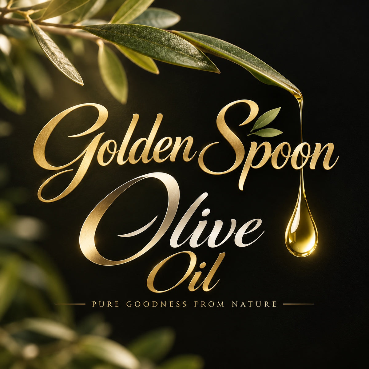 Golden Spoon Olive Oil with olive leaves and a golden oil drop