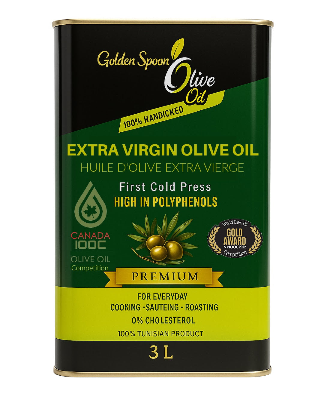 Golden Spoon Extra Virgin Olive Oil 3 L can – award-winning Tunisian olive oil rich in polyphenols
