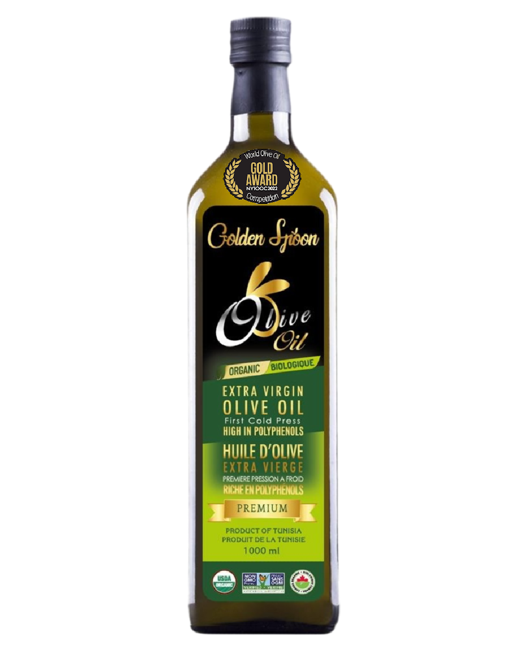 Golden Spoon organic extra virgin olive oil 1 L bottle – award-winning Tunisian olive oil, cold-pressed and rich in polyphenols.